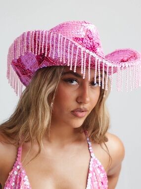 Women's Pink Sequin Fringe Cowboy Hat